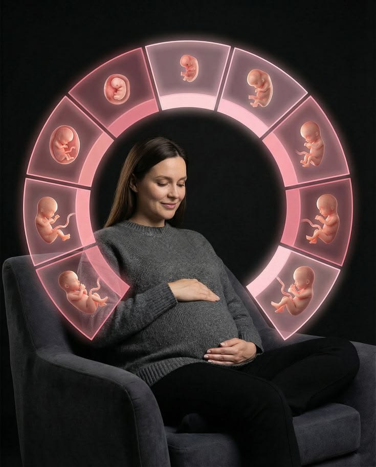 Pregnant woman surrounded by illustrated stages of fetal development